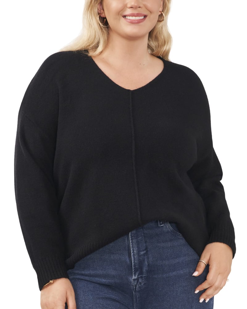 Front of a model wearing a size 1X Freya Cozy Sweater in RICH BLACK by Vince Camuto. | dia_product_style_image_id:261524